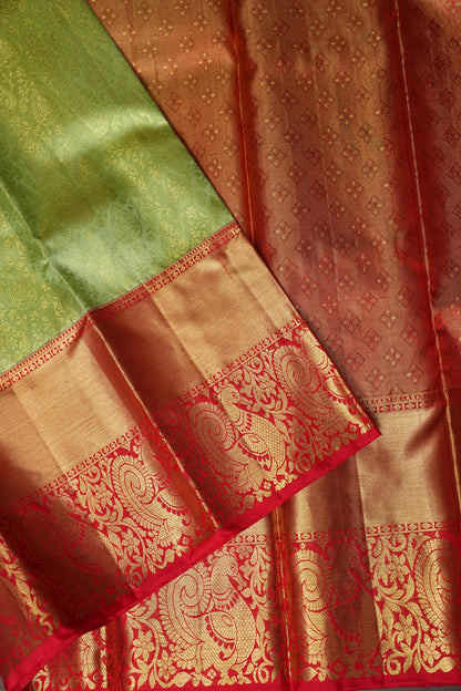 Pistachio Green & Red Pure Tissue Kanchipuram Silk Saree|Silk Mark Certified