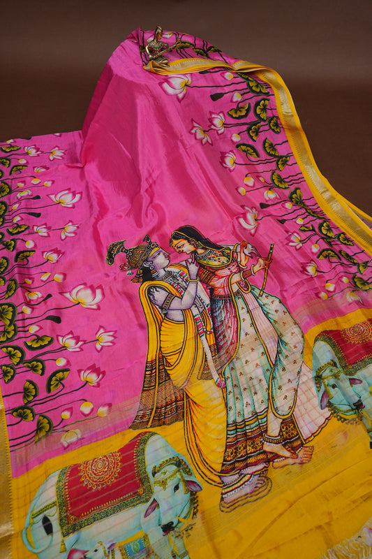 Mangalagiri Printed Silk Saree - Lotus Pink with Mustard Yellow