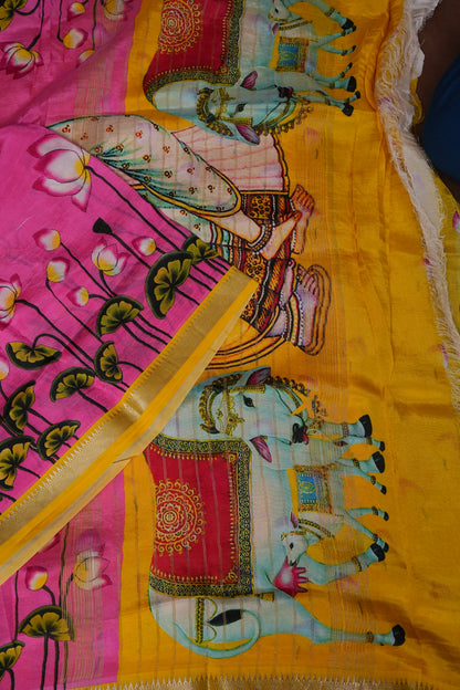 Mangalagiri Printed Silk Saree - Lotus Pink with Mustard Yellow