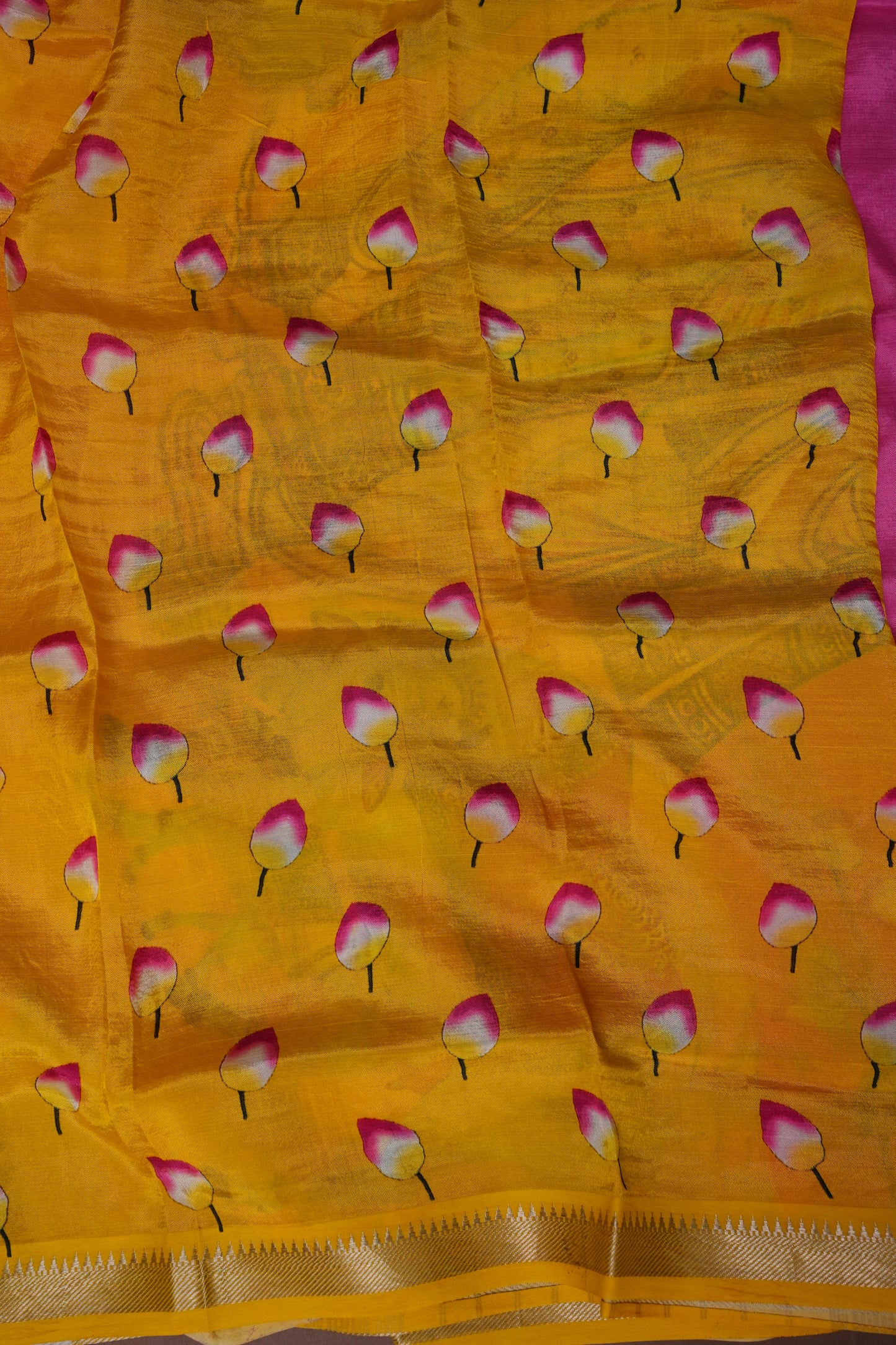 Mangalagiri Printed Silk Saree - Lotus Pink with Mustard Yellow