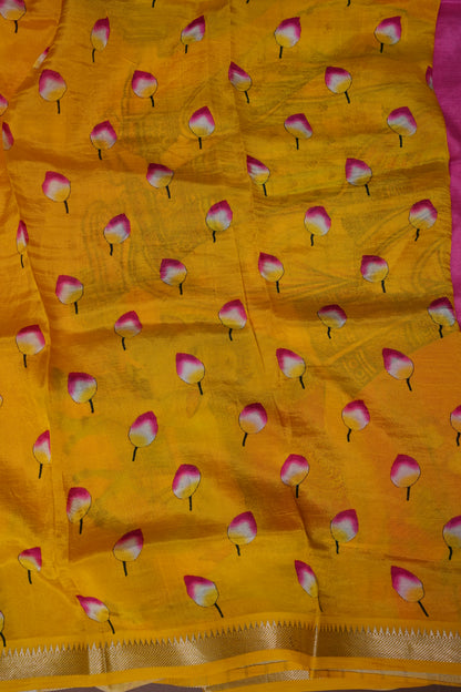 Mangalagiri Printed Silk Saree - Lotus Pink with Mustard Yellow