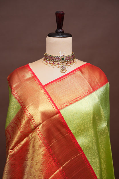 Pistachio Green & Red Pure Tissue Kanchipuram Silk Saree|Silk Mark Certified