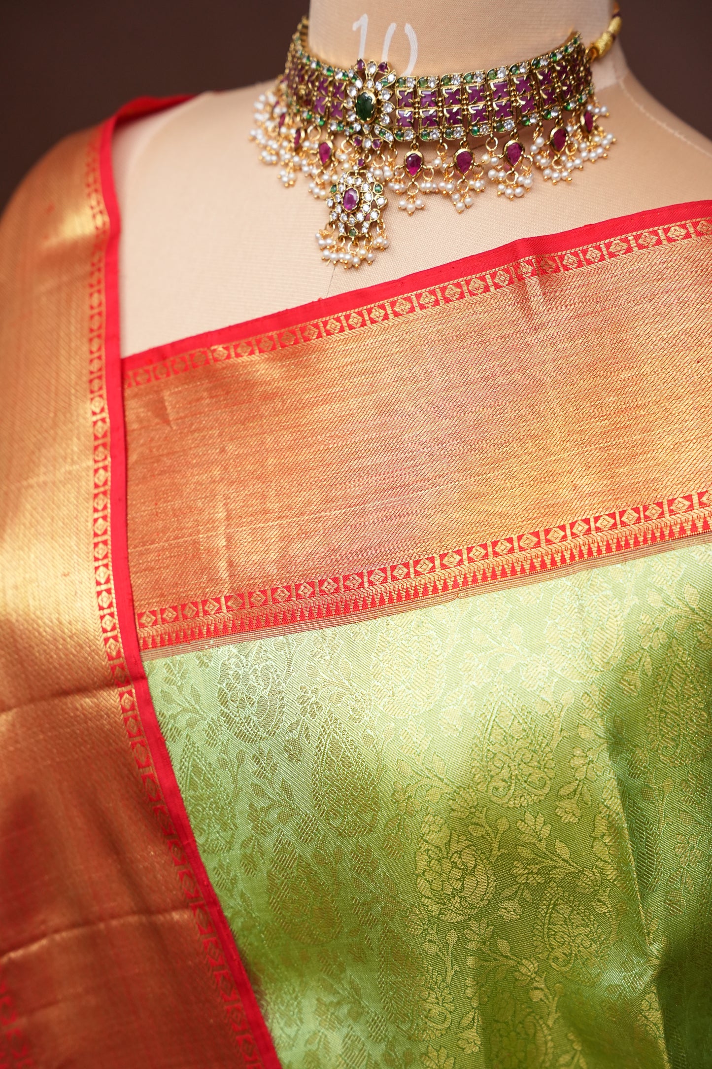 Pistachio Green & Red Pure Tissue Kanchipuram Silk Saree|Silk Mark Certified