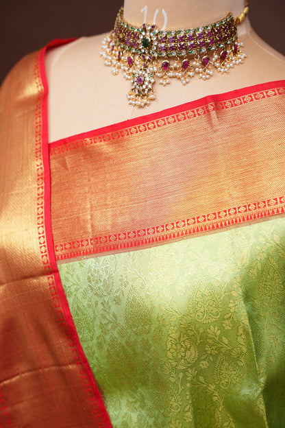 Pistachio Green & Red Pure Tissue Kanchipuram Silk Saree|Silk Mark Certified