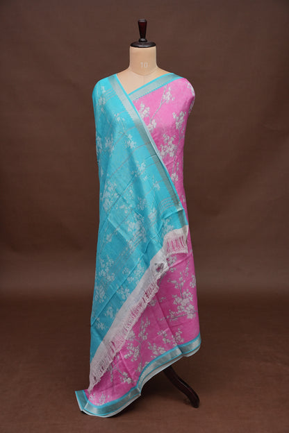 Mangalagiri Printed Silk Saree - Rose Pink & Aqua Blue