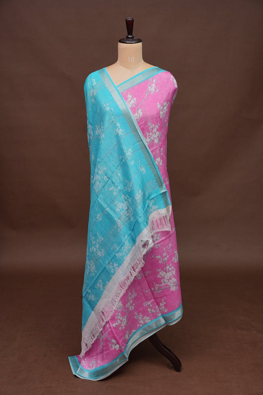 Mangalagiri Printed Silk Saree - Rose Pink & Aqua Blue