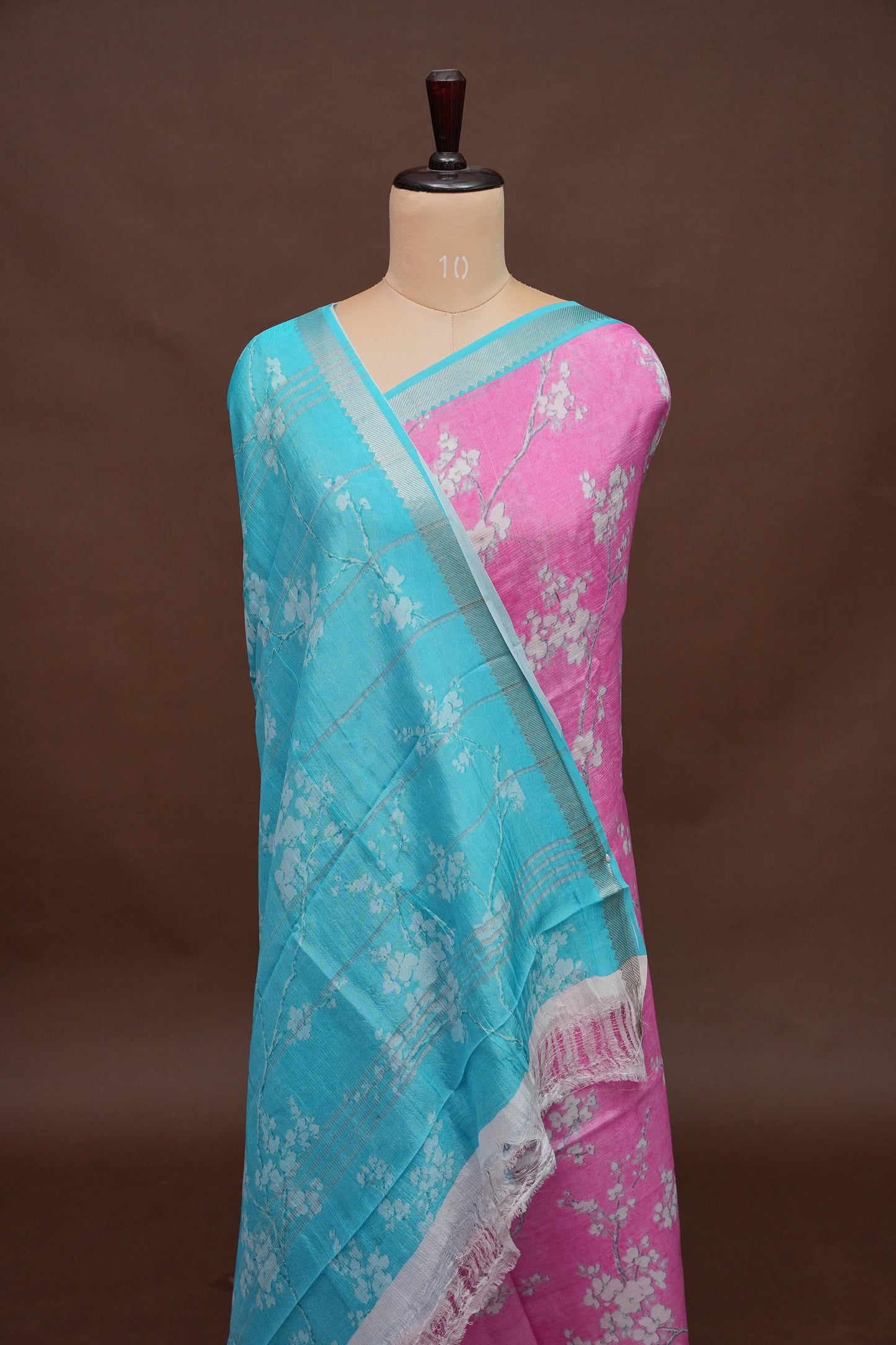 Mangalagiri Printed Silk Saree - Rose Pink & Aqua Blue