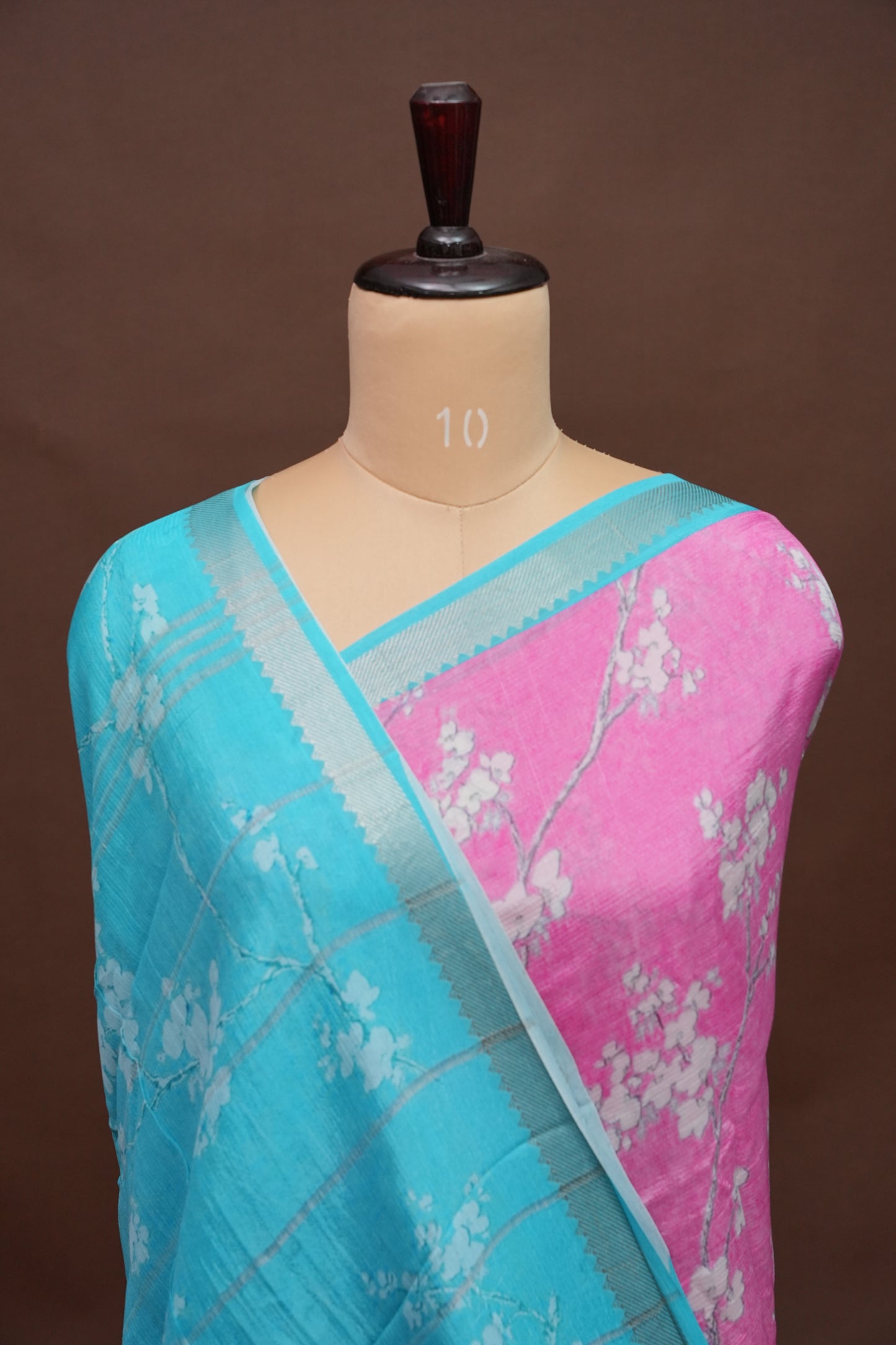Mangalagiri Printed Silk Saree - Rose Pink & Aqua Blue