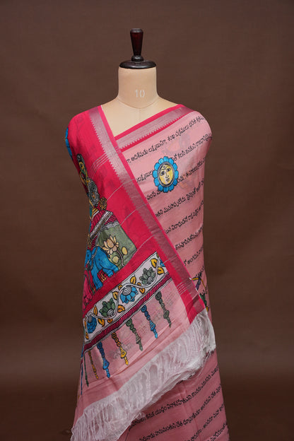 Mangalagiri Printed Silk Saree - Peach Pink & Rani Pink