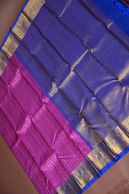 Royal Blue & Pink Pure Kanchipuram Silk Saree with Rich Gold Zari Border|Silk Mark Certified