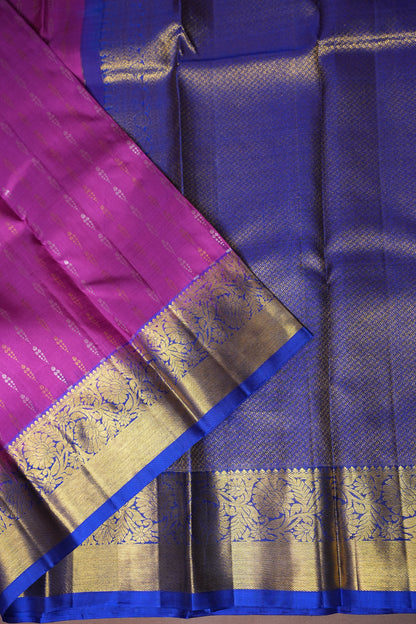 Royal Blue & Pink Pure Kanchipuram Silk Saree with Rich Gold Zari Border|Silk Mark Certified