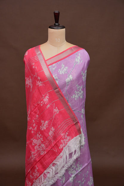 Mangalagiri Printed Silk Saree - Lavender Purple & Coral Red
