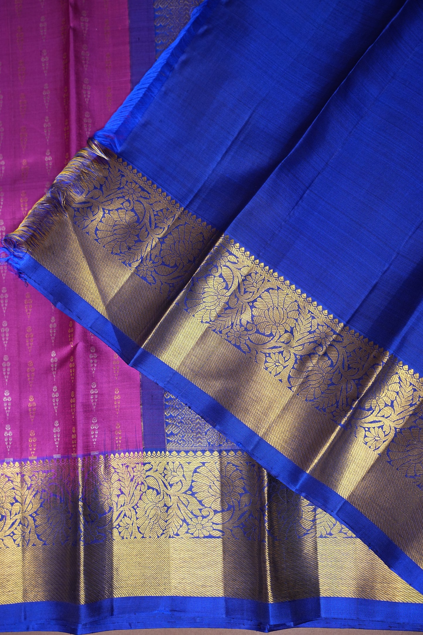 Royal Blue & Pink Pure Kanchipuram Silk Saree with Rich Gold Zari Border|Silk Mark Certified