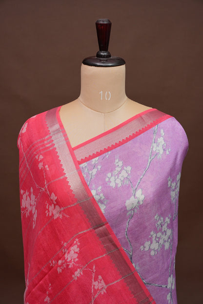 Mangalagiri Printed Silk Saree - Lavender Purple & Coral Red