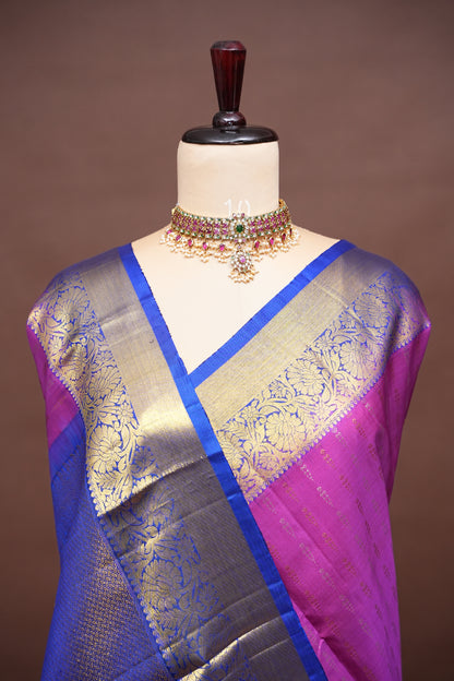 Royal Blue & Pink Pure Kanchipuram Silk Saree with Rich Gold Zari Border|Silk Mark Certified