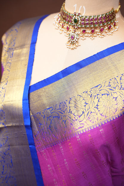 Royal Blue & Pink Pure Kanchipuram Silk Saree with Rich Gold Zari Border|Silk Mark Certified