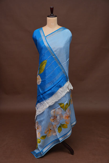 Mangalagiri Printed Silk Saree – Sky Blue & Dark Blue