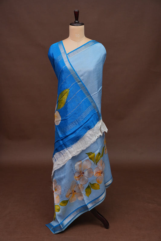 Mangalagiri Printed Silk Saree – Sky Blue & Dark Blue