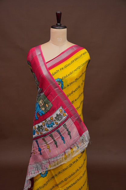 Mangalagiri Printed Silk Saree - Yellow & Rani Pink