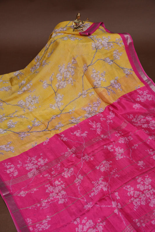 Mangalagiri Printed Silk Saree - Light Yellow & Rani Pink