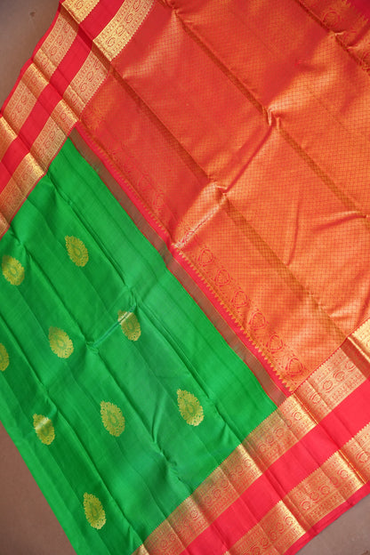 Green & Vermilion Red Pure Kanchivaram Silk Saree with Rich Gold Zari|Silk Mark Certified