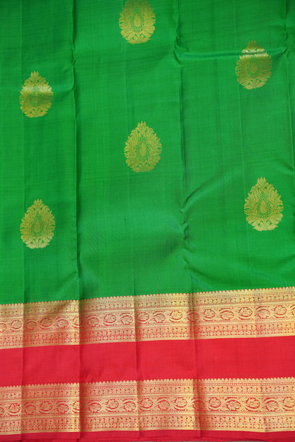 Green & Vermilion Red Pure Kanchivaram Silk Saree with Rich Gold Zari|Silk Mark Certified