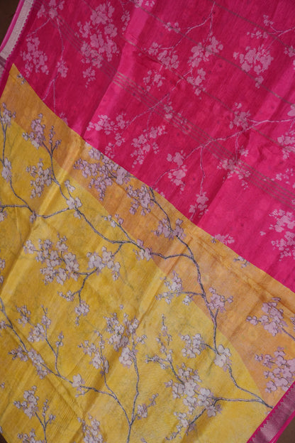 Mangalagiri Printed Silk Saree - Light Yellow & Rani Pink