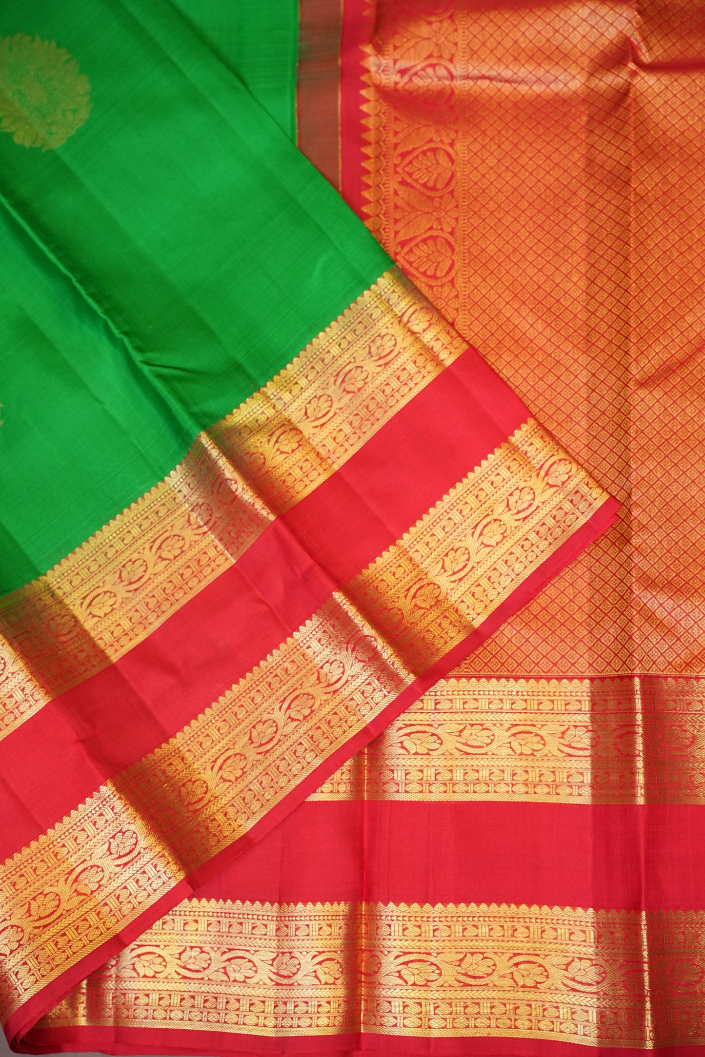 Green & Vermilion Red Pure Kanchivaram Silk Saree with Rich Gold Zari|Silk Mark Certified