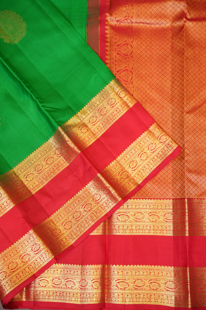 Green & Vermilion Red Pure Kanchivaram Silk Saree with Rich Gold Zari|Silk Mark Certified