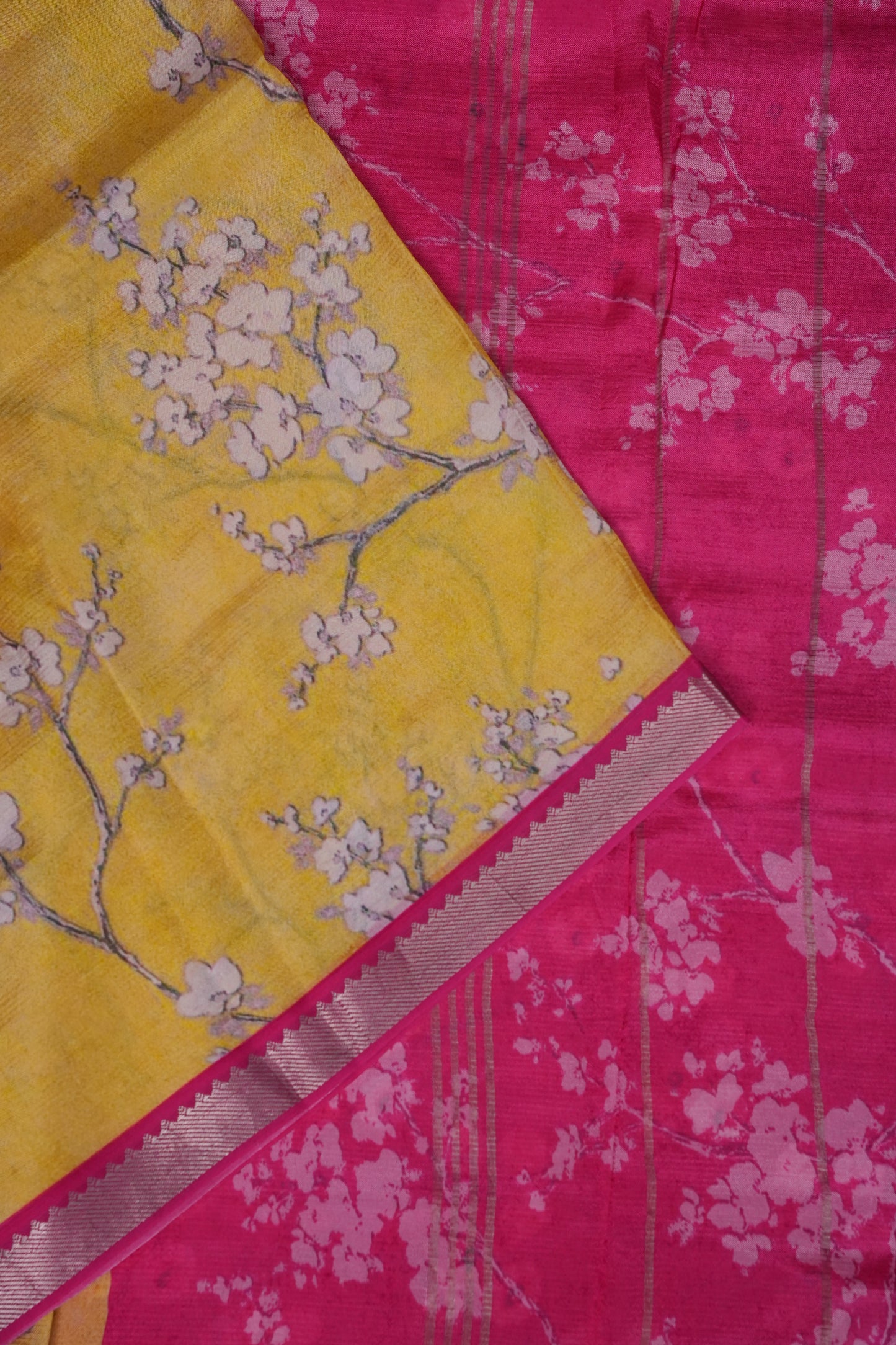 Mangalagiri Printed Silk Saree - Light Yellow & Rani Pink