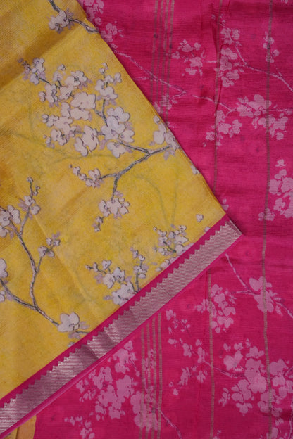 Mangalagiri Printed Silk Saree - Light Yellow & Rani Pink