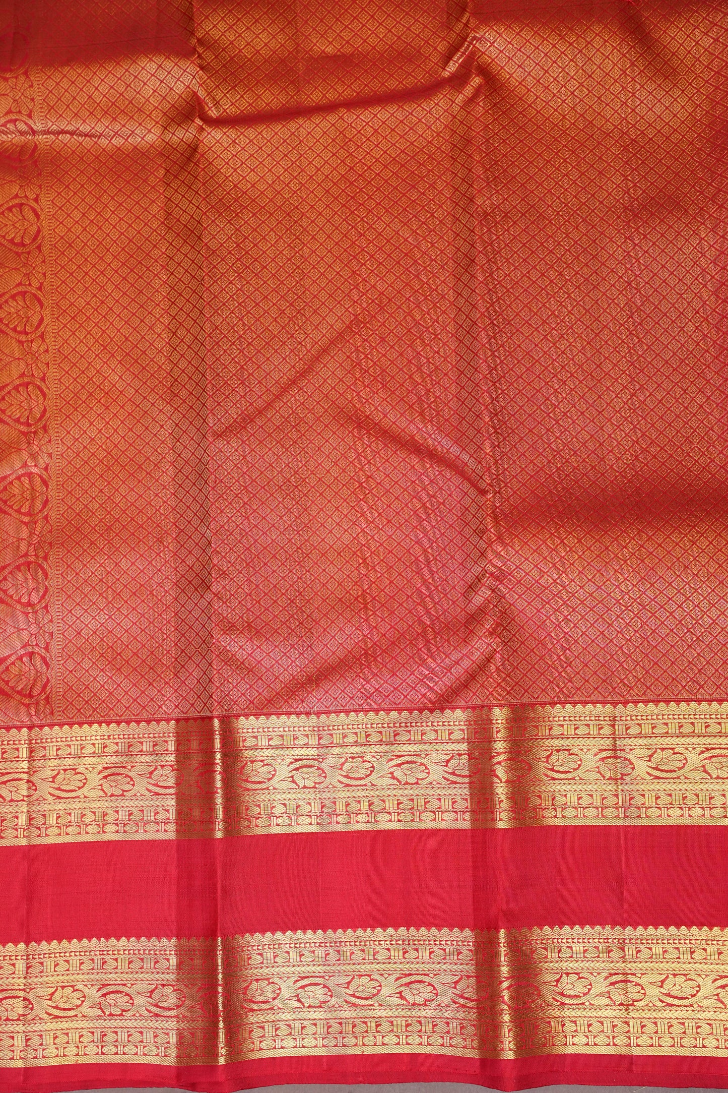 Green & Vermilion Red Pure Kanchivaram Silk Saree with Rich Gold Zari|Silk Mark Certified
