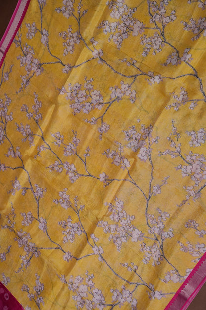 Mangalagiri Printed Silk Saree - Light Yellow & Rani Pink