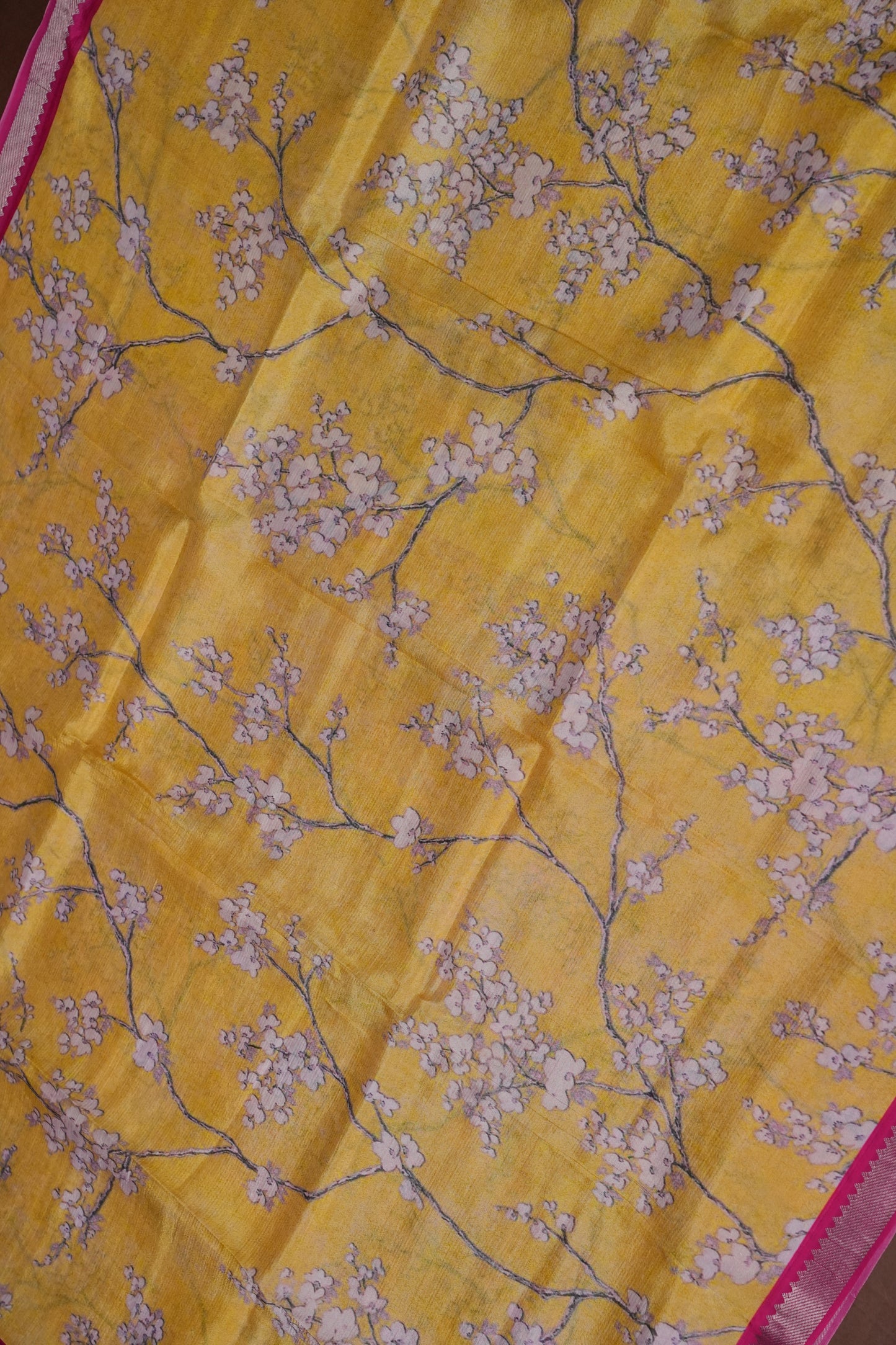 Mangalagiri Printed Silk Saree - Light Yellow & Rani Pink