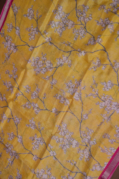 Mangalagiri Printed Silk Saree - Light Yellow & Rani Pink