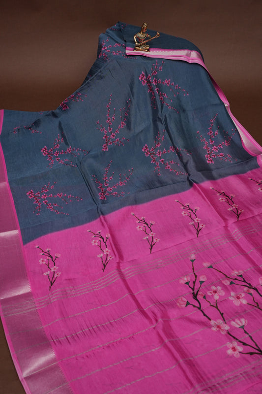 Mangalagiri Printed Silk Saree - Grey & Pink
