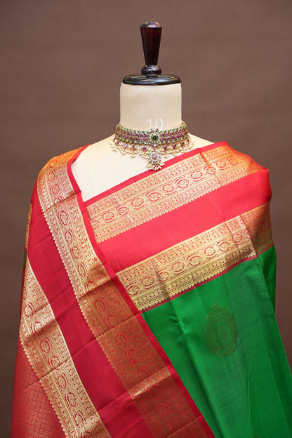 Green & Vermilion Red Pure Kanchivaram Silk Saree with Rich Gold Zari|Silk Mark Certified