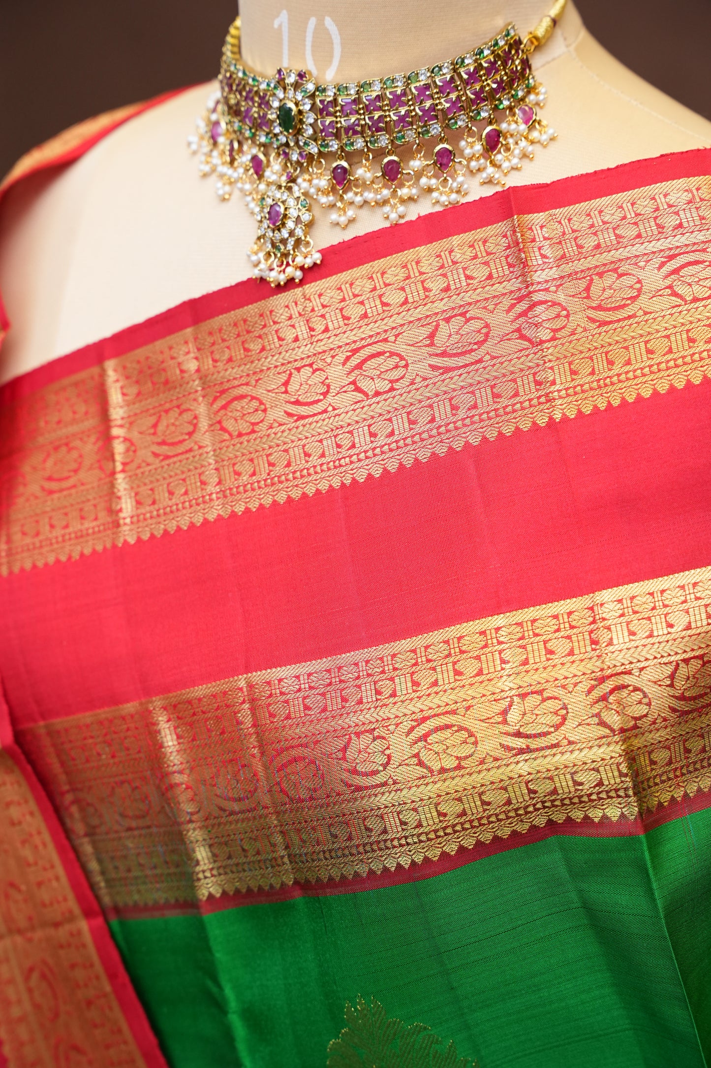 Green & Vermilion Red Pure Kanchivaram Silk Saree with Rich Gold Zari|Silk Mark Certified