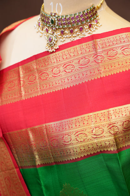 Green & Vermilion Red Pure Kanchivaram Silk Saree with Rich Gold Zari|Silk Mark Certified