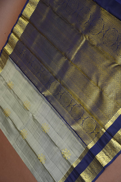 Silver Grey & Navy Blue Pure Kanchivaram Silk Saree with Rich Gold Zari Weaving|Silk Mark Certified