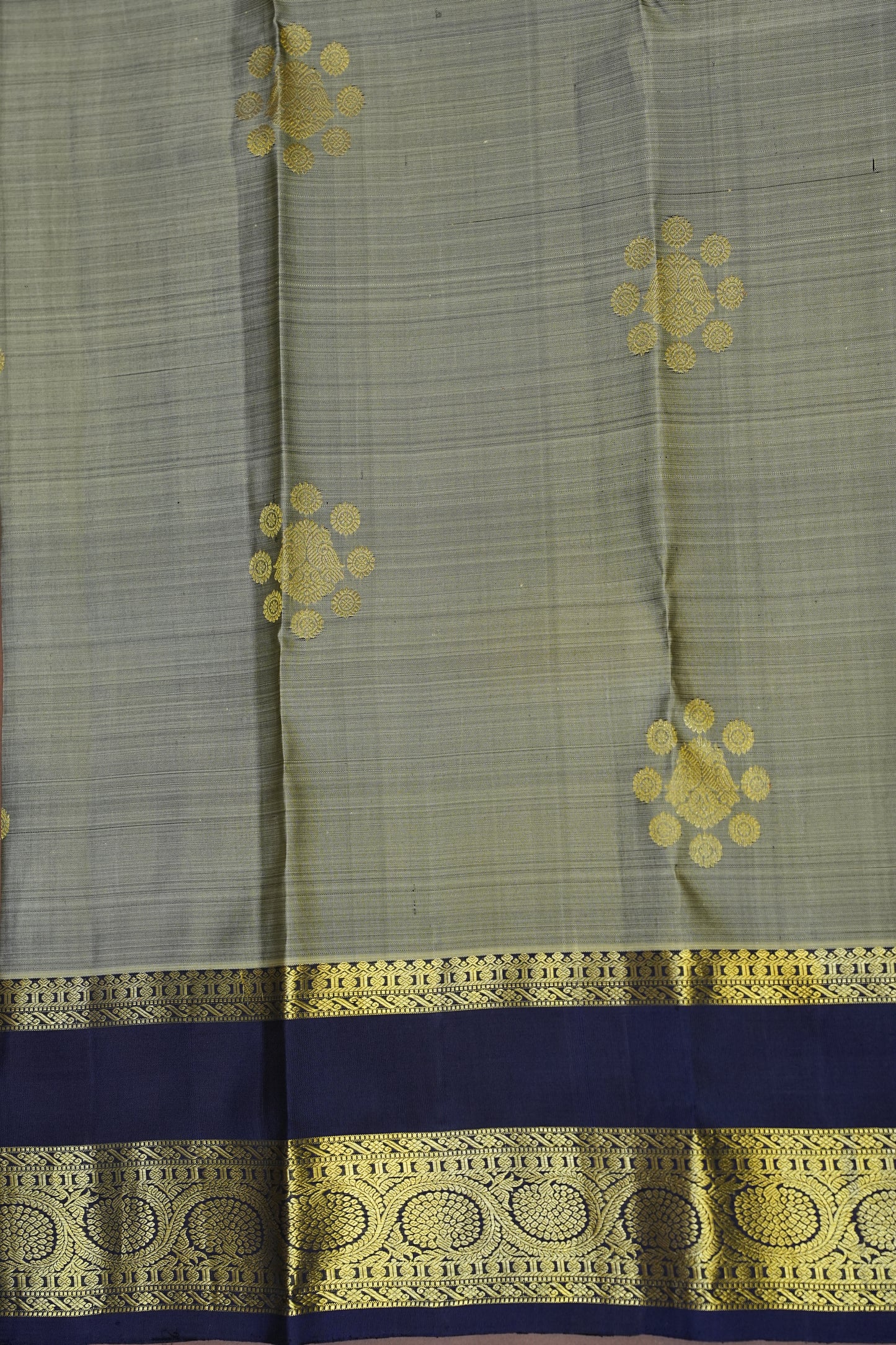 Silver Grey & Navy Blue Pure Kanchivaram Silk Saree with Rich Gold Zari Weaving|Silk Mark Certified