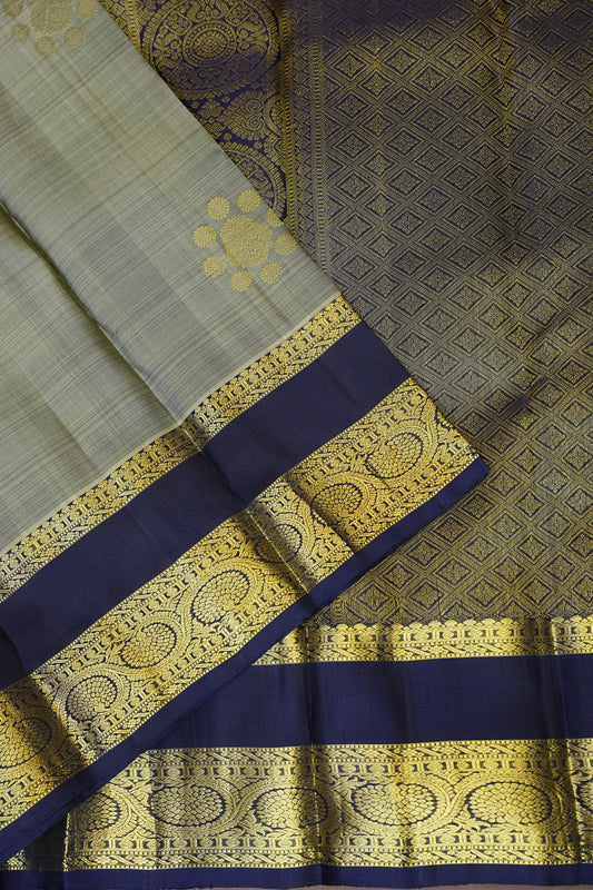 Pure Kanchivaram Silk Saree with Rich Gold Zari Weaving - Silver Grey & Navy Blue