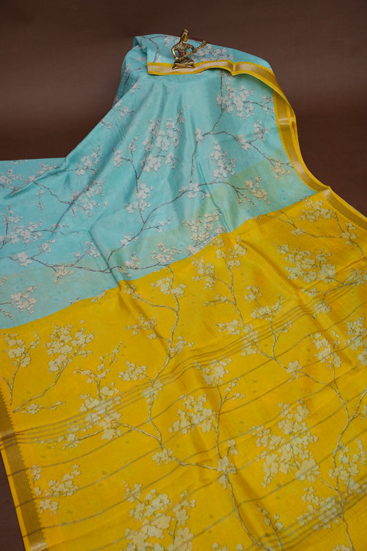Mangalagiri Printed Silk Saree - Aqua Blue & Sunshine Yellow