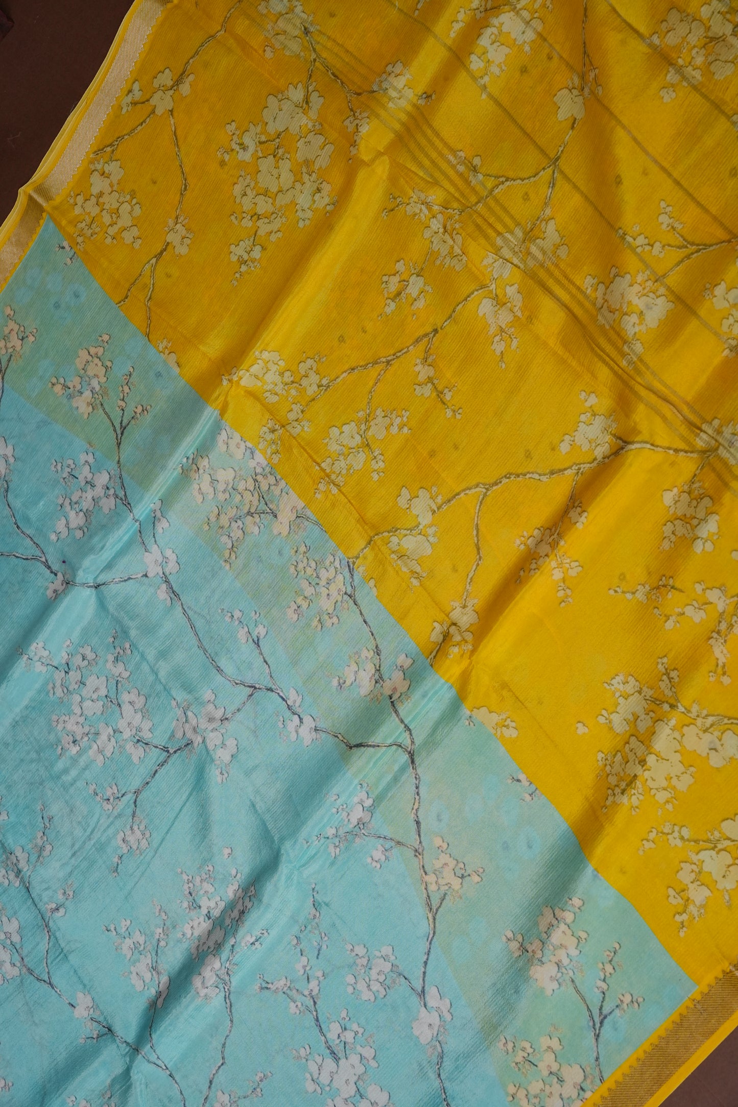 Mangalagiri Printed Silk Saree - Aqua Blue & Sunshine Yellow