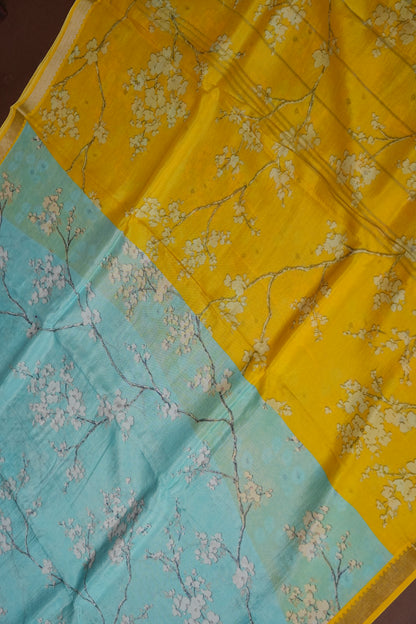 Mangalagiri Printed Silk Saree - Aqua Blue & Sunshine Yellow