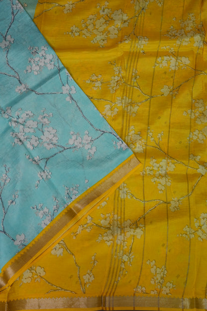 Mangalagiri Printed Silk Saree - Aqua Blue & Sunshine Yellow