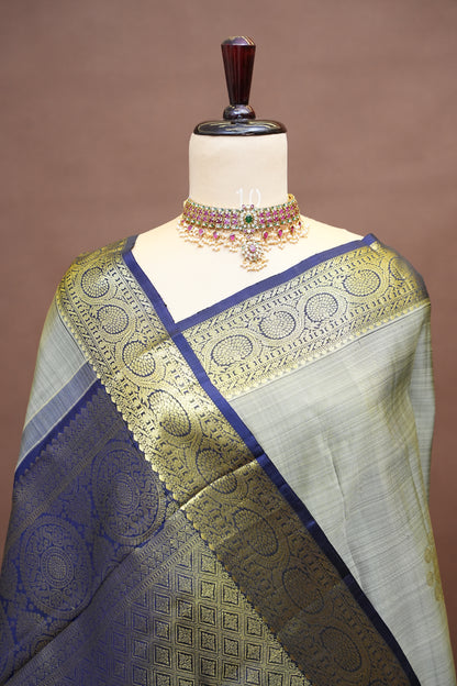 Silver Grey & Navy Blue Pure Kanchivaram Silk Saree with Rich Gold Zari Weaving|Silk Mark Certified