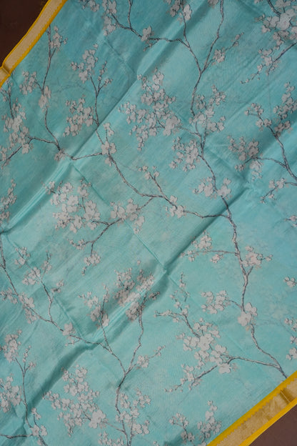 Mangalagiri Printed Silk Saree - Aqua Blue & Sunshine Yellow