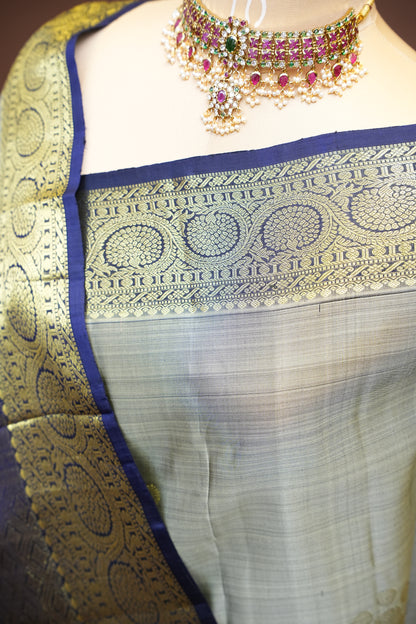 Silver Grey & Navy Blue Pure Kanchivaram Silk Saree with Rich Gold Zari Weaving|Silk Mark Certified