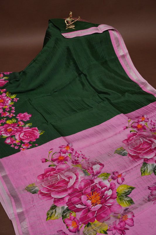 Mangalagiri Printed Silk Saree - Bottle Green & Blush Pink